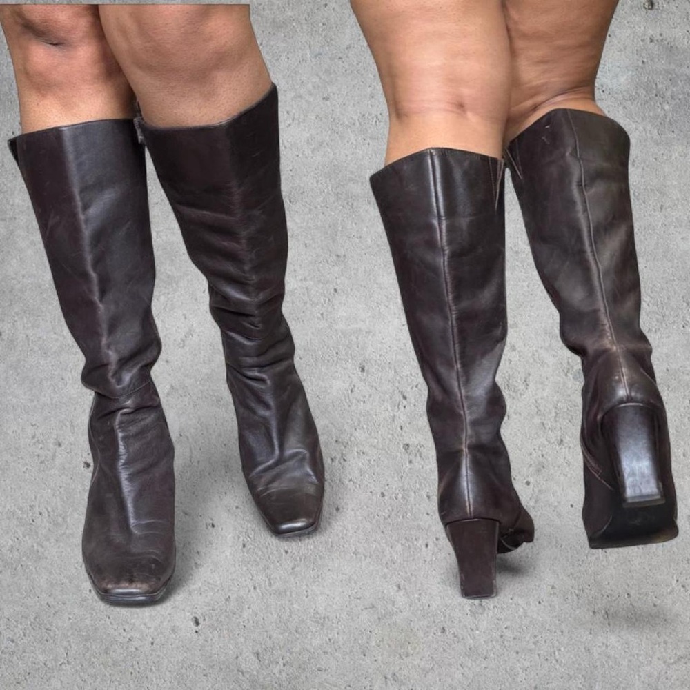 Vintage Dark Brown Leather Narrow Toe Calf High Heeled Boots- US 11